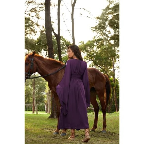 Women's Renaissance Costume Wrap V Neck Medieval Dress Purple - Picture 5 of 7